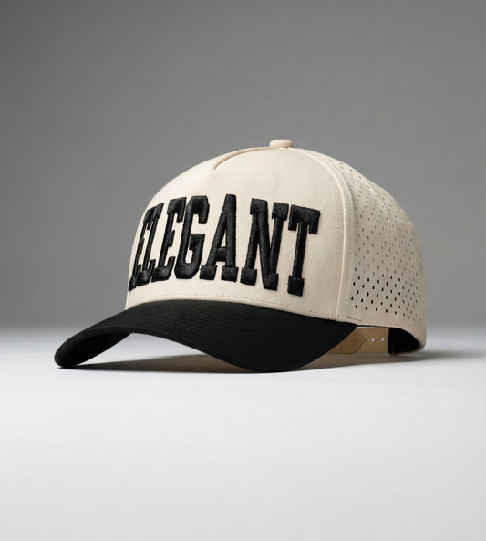 Beige cap with black 'ELEGANT' text on a gray background